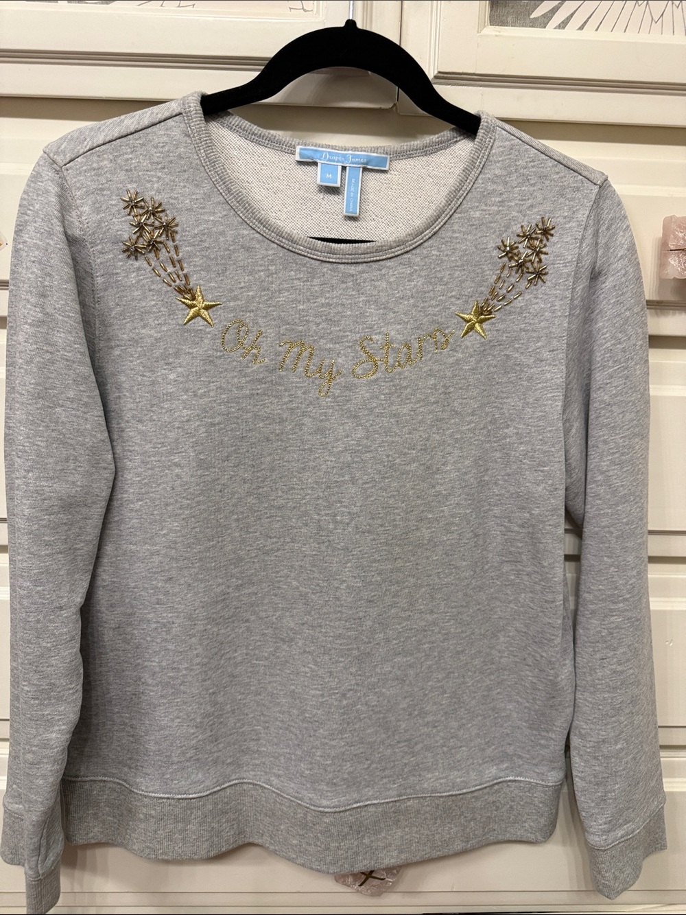 Draper James Gray Sweatshirt with Beaded Gold Star Embroidery “Oh My Stars”. Med